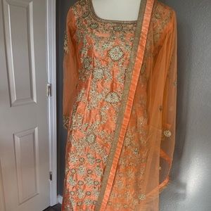 Peach pajami suit - raw silk and net